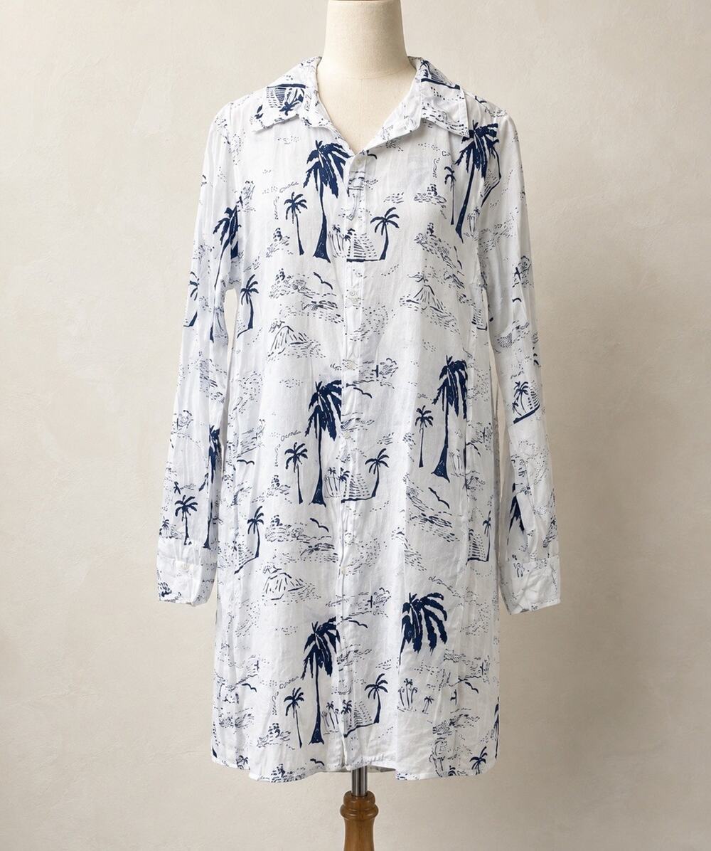 American Colors Cotton Tropical Palm Print Shirt Dress White Navy Long Sleeve M